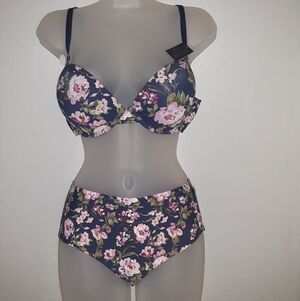 Youmita 40C Patriot Blue Floral Push Up Bra and Large Seamless Panty